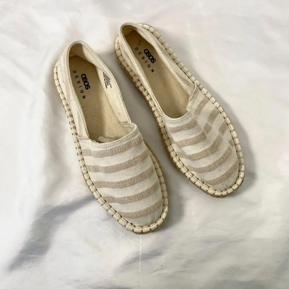 ASOS DESIGN cream tan slip on espadrilles in stone canvas stripe NWOT US 8